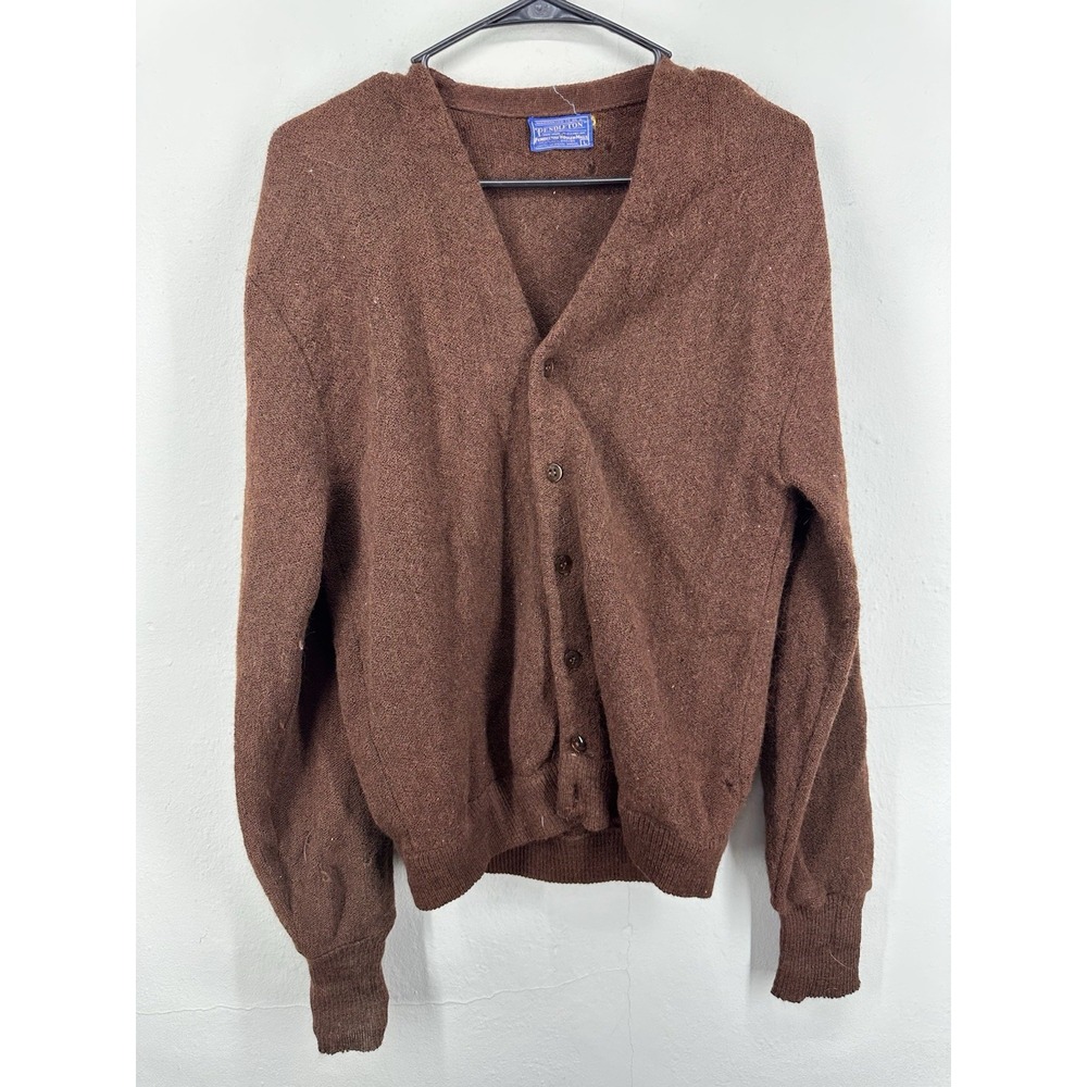 [PINHOLES] VTG Pendleton 100% Wool Cardigan Sweater LARGE Brown Chunky Craft‎